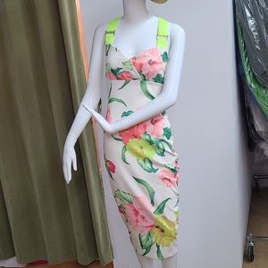 Ted Baker Cream Floral Sheath Dress with Neon Lime Straps